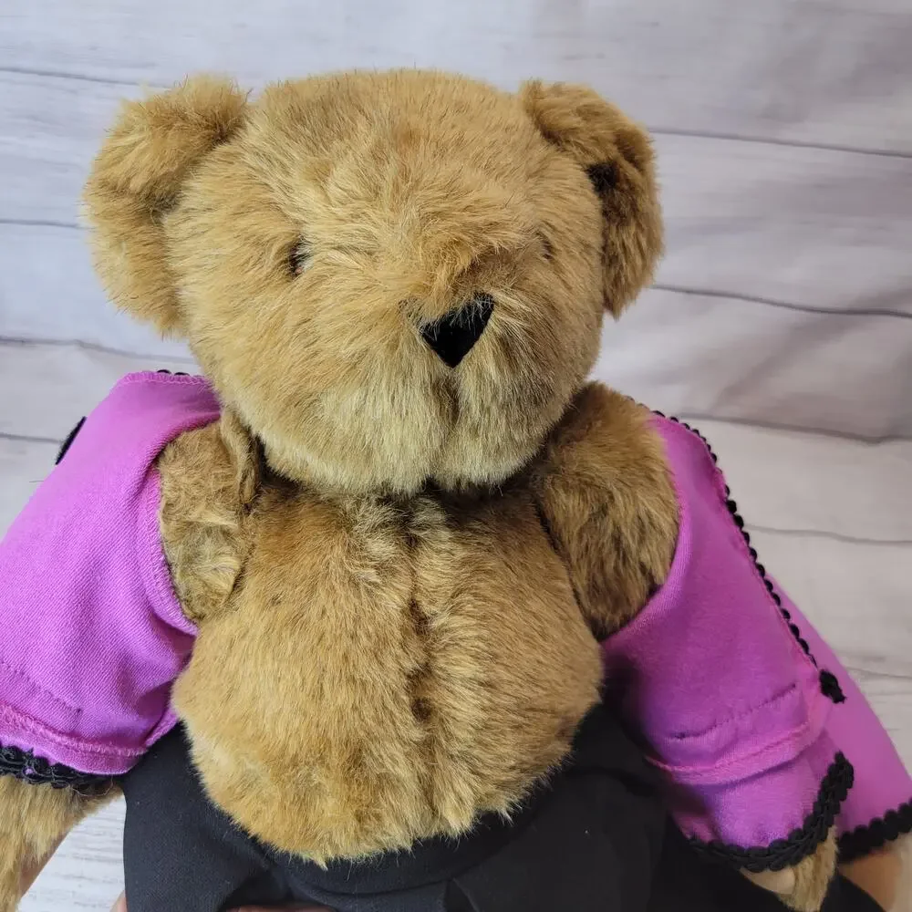 Set of Two Vermont Teddy Bears Tan and Beige Fur with Pink Black Outfits